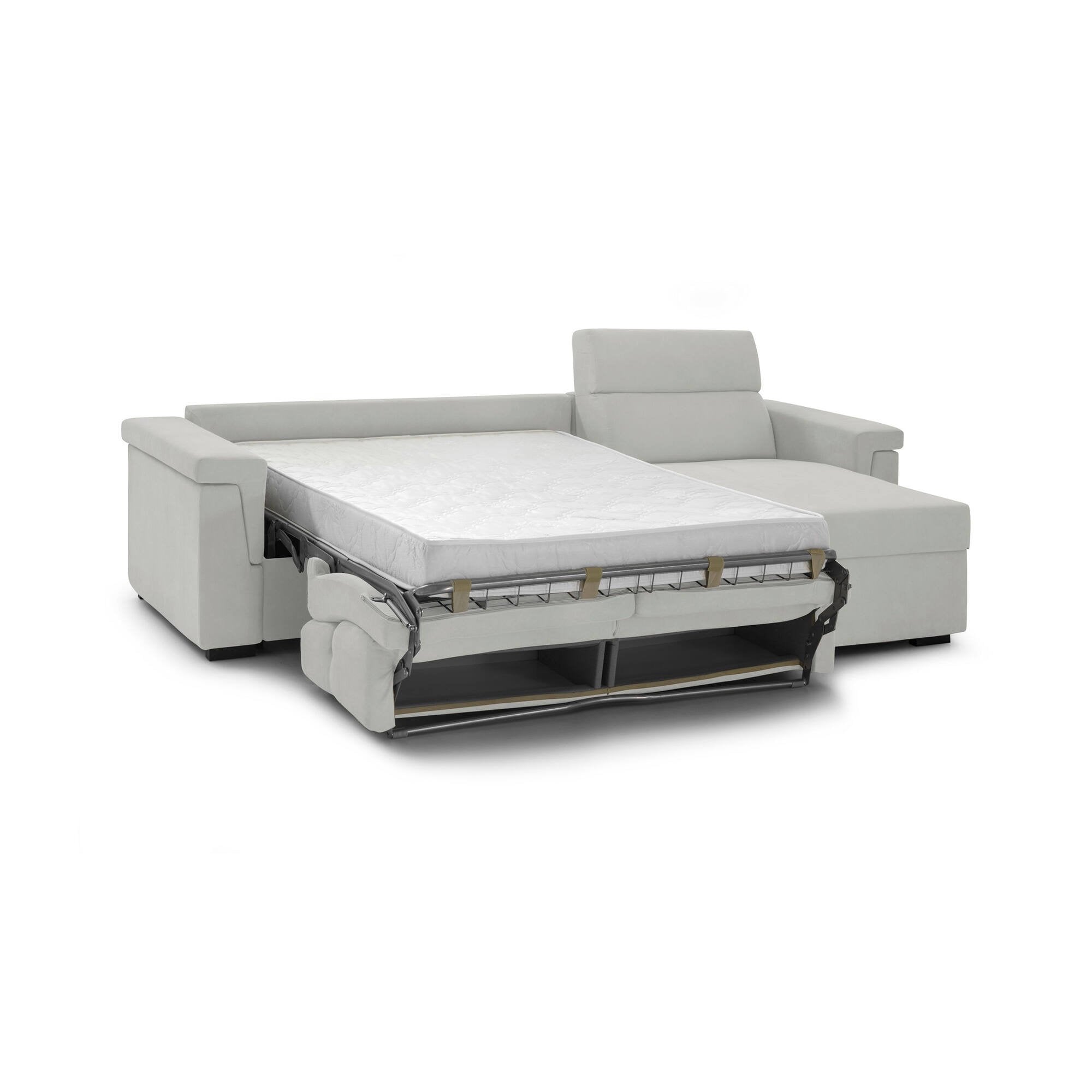 Divano letto con penisola Esca, Sofà angolare trasformabile per salotto, imbottito, sfoderabile, 100% Made in Italy, 285x160 h100 cm, Grigio chiaro