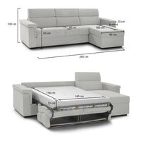 Divano letto con penisola Esca, Sofà angolare trasformabile per salotto, imbottito, sfoderabile, 100% Made in Italy, 285x160 h100 cm, Grigio chiaro