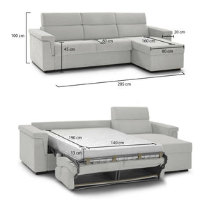 Divano letto con penisola Esca, Sofà angolare trasformabile per salotto, imbottito, sfoderabile, 100% Made in Italy, 285x160 h100 cm, Grigio chiaro