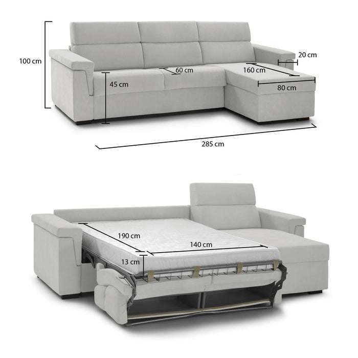 Divano letto con penisola Esca, Sofà angolare trasformabile per salotto, imbottito, sfoderabile, 100% Made in Italy, 285x160 h100 cm, Grigio chiaro
