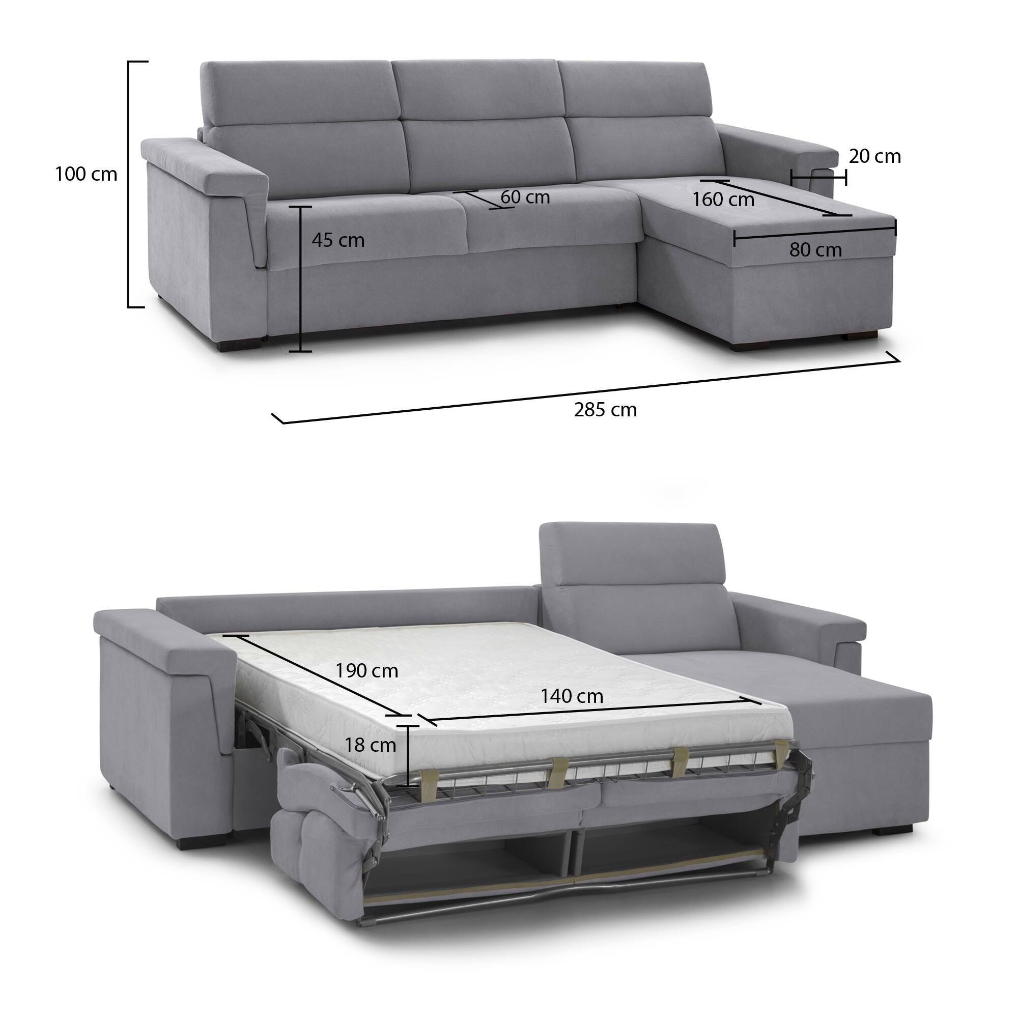 Divano letto con penisola Ganzaria, Sofà angolare trasformabile per salotto, imbottito, sfoderabile, Qualità 100% Made in Italy, 285x160 h100 cm, Grigio