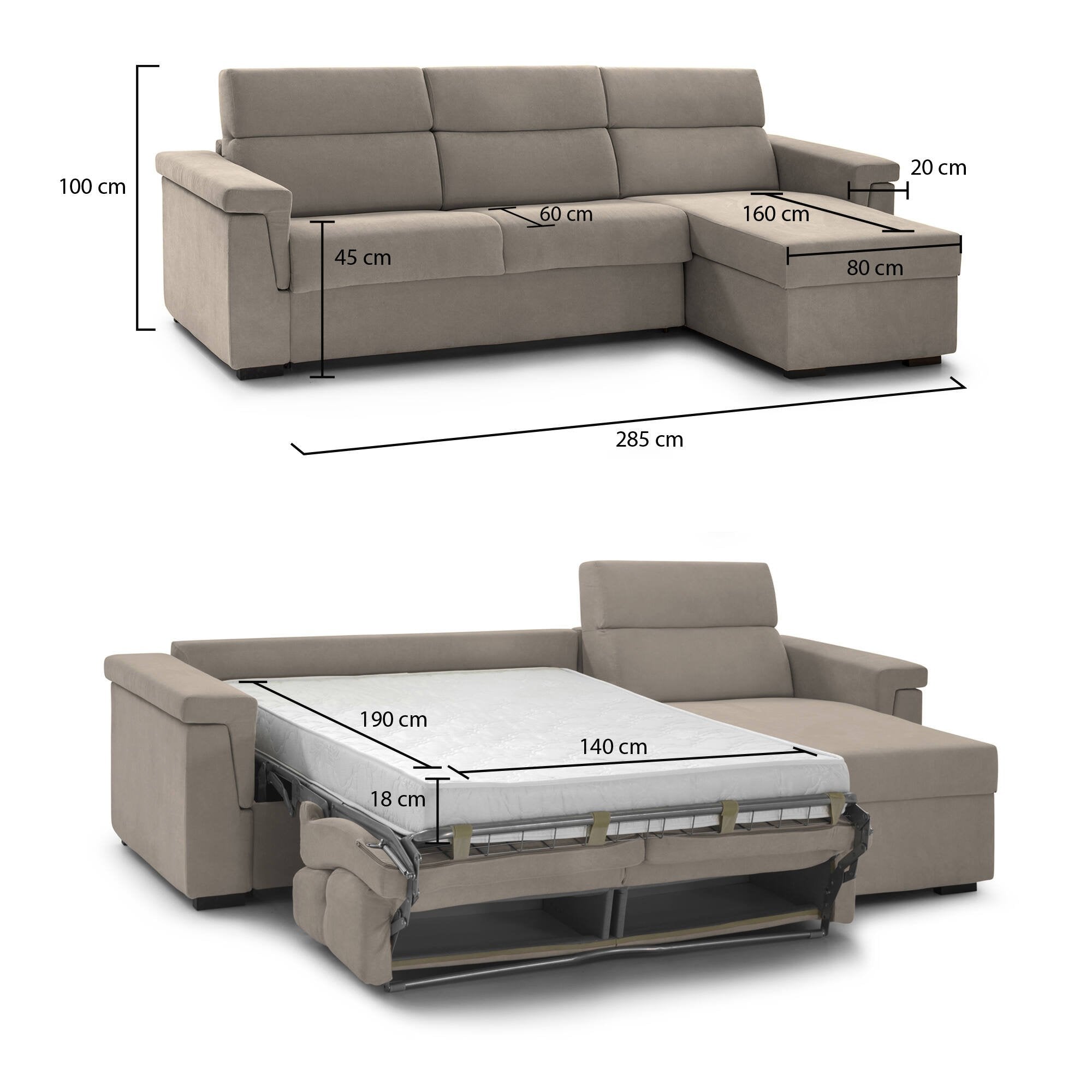 Divano letto con penisola Ganzaria, Sofà angolare trasformabile per salotto, imbottito, sfoderabile, Qualità 100% Made in Italy, 285x160 h100 cm, Tortora