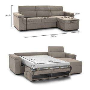 Divano letto con penisola Ganzaria, Sofà angolare trasformabile per salotto, imbottito, sfoderabile, Qualità 100% Made in Italy, 285x160 h100 cm, Tortora