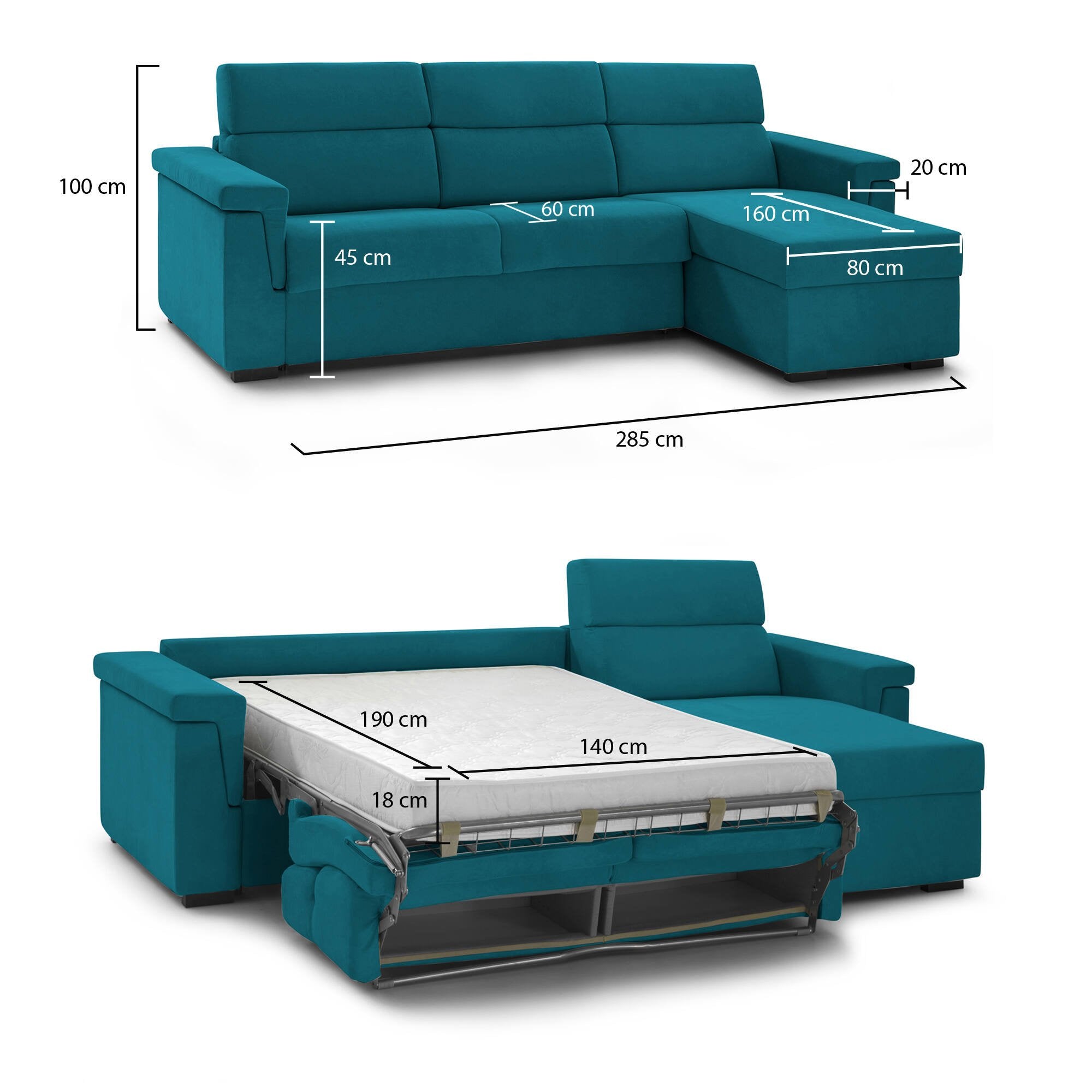 Divano letto con penisola Ganzaria, Sofà angolare trasformabile per salotto, imbottito, sfoderabile, Qualità 100% Made in Italy, 285x160 h100 cm, Azzurro