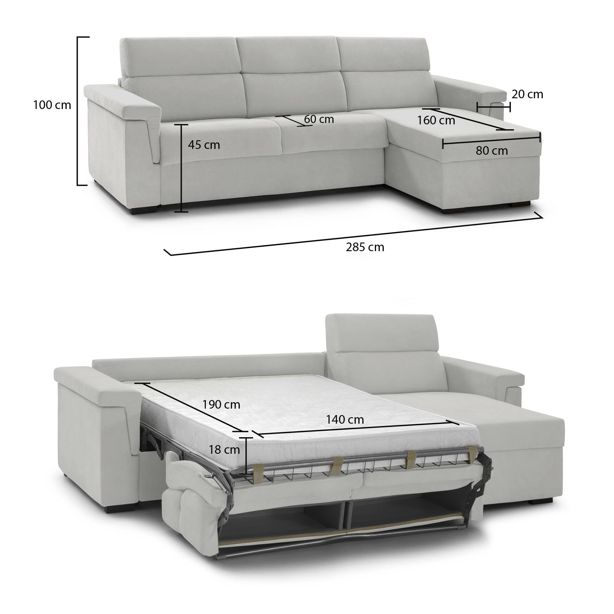 Divano letto con penisola Ganzaria, Sofà angolare trasformabile per salotto, imbottito, sfoderabile, 100% Made in Italy, 285x160 h100 cm, Grigio chiaro