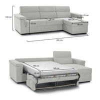 Divano letto con penisola Ganzaria, Sofà angolare trasformabile per salotto, imbottito, sfoderabile, 100% Made in Italy, 285x160 h100 cm, Grigio chiaro