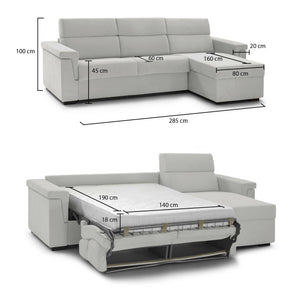 Divano letto con penisola Ganzaria, Sofà angolare trasformabile per salotto, imbottito, sfoderabile, 100% Made in Italy, 285x160 h100 cm, Grigio chiaro