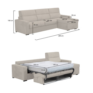 Divano letto con penisola Pusiano, Sofà angolare trasformabile per salotto, imbottito, sfoderabile, Qualità 100% Made in Italy, 280x160 h100 cm, Beige