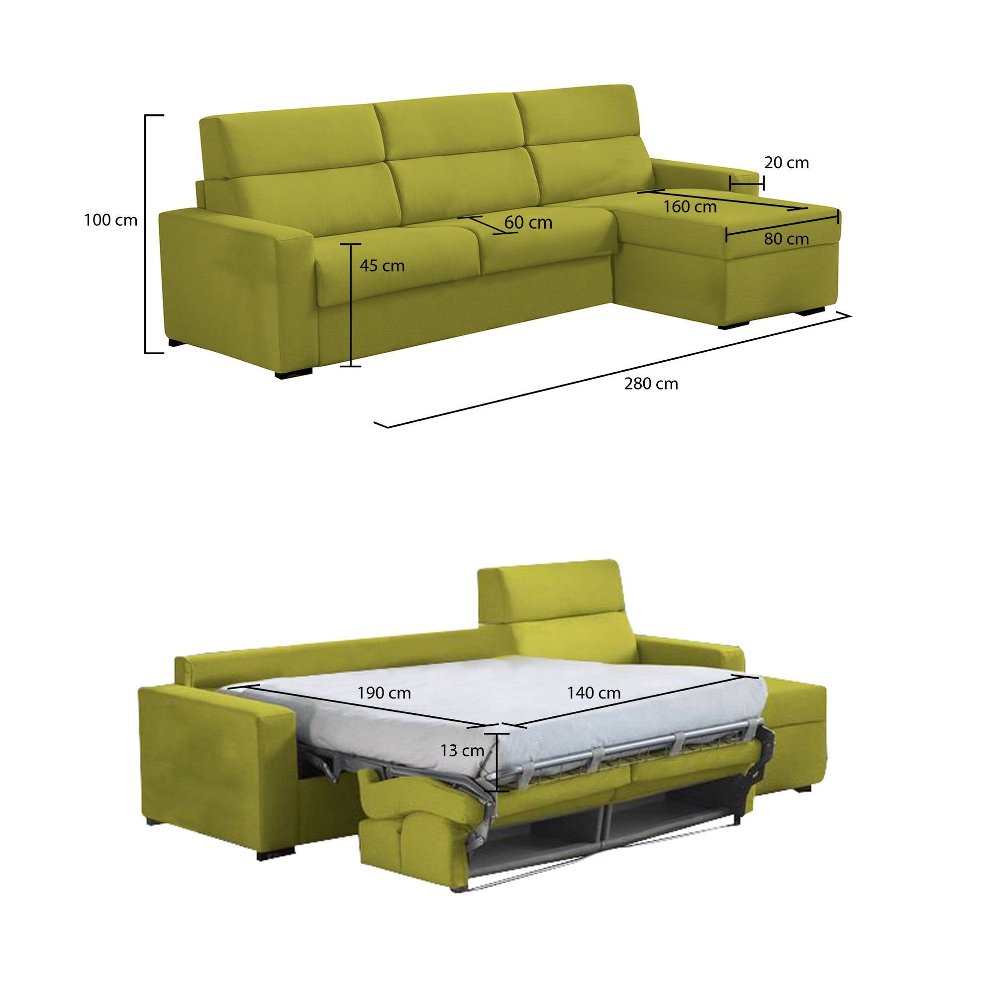 Divano letto con penisola Pusiano, Sofà angolare trasformabile per salotto, imbottito, sfoderabile, Qualità 100% Made in Italy, 280x160 h100 cm, Verde