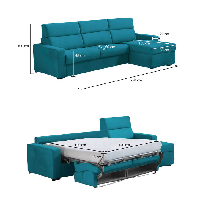 Divano letto con penisola Pusiano, Sofà angolare trasformabile per salotto, imbottito, sfoderabile, 100% Made in Italy, 280x160 h100 cm, Azzurro