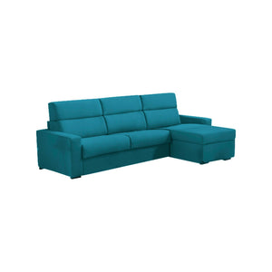 Divano letto con penisola Pusiano, Sofà angolare trasformabile per salotto, imbottito, sfoderabile, 100% Made in Italy, 280x160 h100 cm, Azzurro