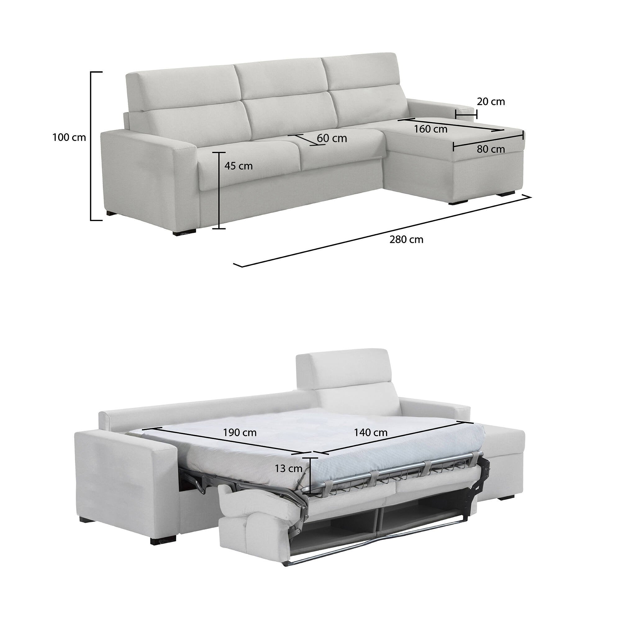 Divano letto con penisola Pusiano, Sofà angolare trasformabile per salotto, imbottito, sfoderabile, 100% Made in Italy, 280x160 h100 cm, Grigio chiaro