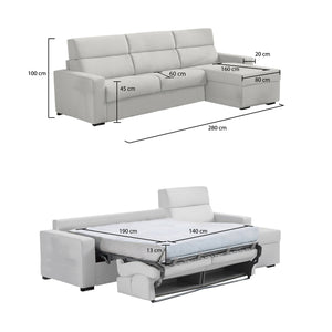 Divano letto con penisola Pusiano, Sofà angolare trasformabile per salotto, imbottito, sfoderabile, 100% Made in Italy, 280x160 h100 cm, Grigio chiaro