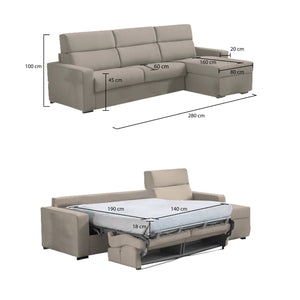 Divano letto con penisola Celleno, Sofà angolare trasformabile per salotto, imbottito, sfoderabile, 100% Made in Italy, 280x160 h100 cm, Tortora