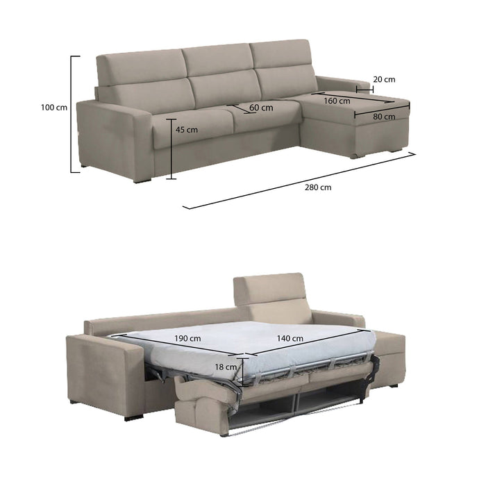 Divano letto con penisola Celleno, Sofà angolare trasformabile per salotto, imbottito, sfoderabile, 100% Made in Italy, 280x160 h100 cm, Tortora