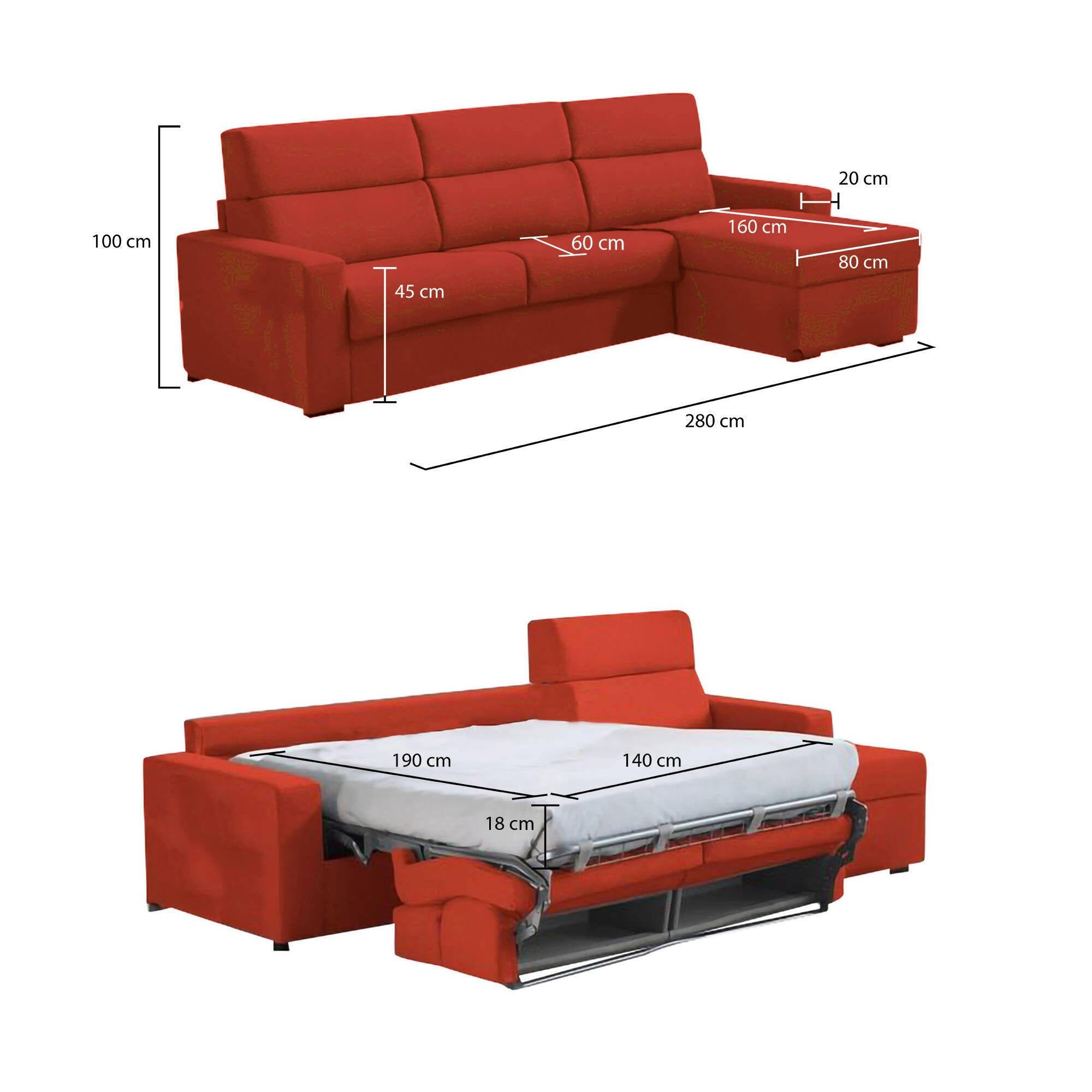 Divano letto con penisola Celleno, Sofà angolare trasformabile per salotto, imbottito, sfoderabile, 100% Made in Italy, 280x160 h100 cm, Arancione