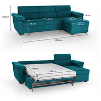 Divano letto con penisola Priverno, Sofà angolare trasformabile per salotto, imbottito, sfoderabile, 100% Made in Italy, 285x160 h100 cm, Azzurro