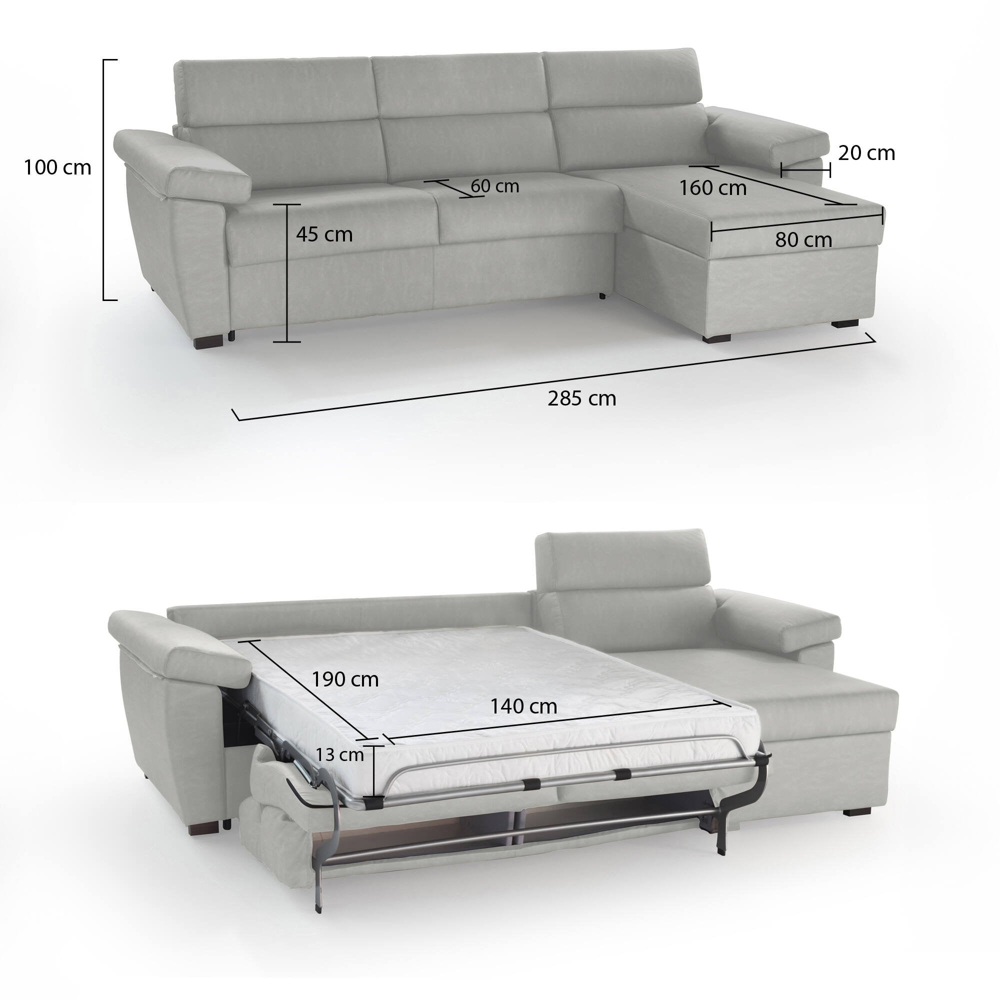 Divano letto con penisola Priverno, Sofà angolare trasformabile per salotto, imbottito, sfoderabile, 100% Made in Italy, 285x160 h100 cm, Grigio chiaro