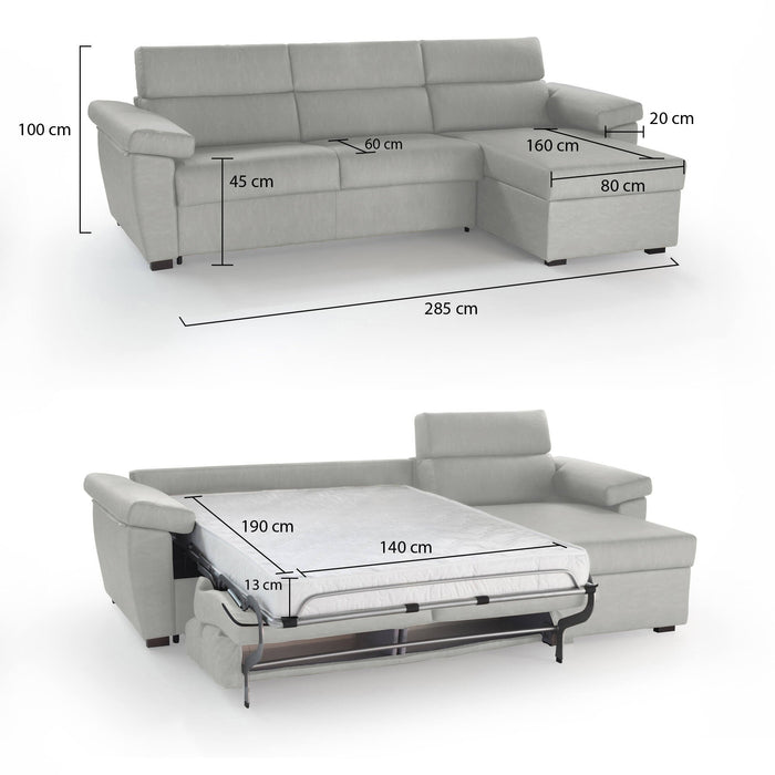 Divano letto con penisola Priverno, Sofà angolare trasformabile per salotto, imbottito, sfoderabile, 100% Made in Italy, 285x160 h100 cm, Grigio chiaro