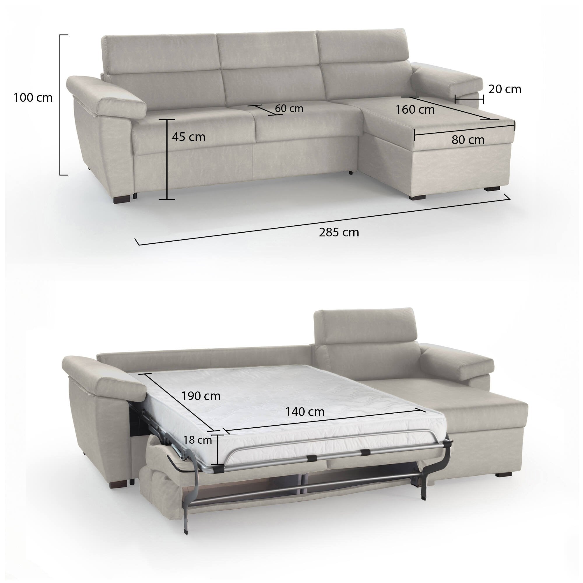 Divano letto con penisola Tolle, Sofà angolare trasformabile per salotto, imbottito, sfoderabile, 100% Made in Italy, 285x160 h100 cm, Beige