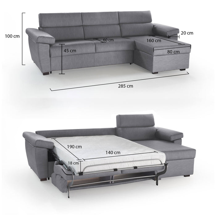 Divano letto con penisola Tolle, Sofà angolare trasformabile per salotto, imbottito, sfoderabile, 100% Made in Italy, 285x160 h100 cm, Grigio