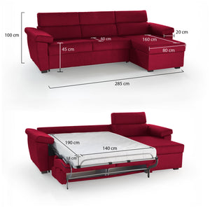 Divano letto con penisola Tolle, Sofà angolare trasformabile per salotto, imbottito, sfoderabile, 100% Made in Italy, 285x160 h100 cm, Rosso