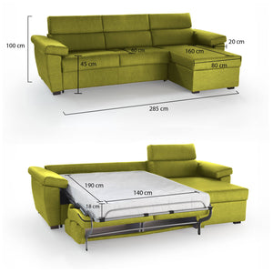 Divano letto con penisola Tolle, Sofà angolare trasformabile per salotto, imbottito, sfoderabile, 100% Made in Italy, 285x160 h100 cm, Verde