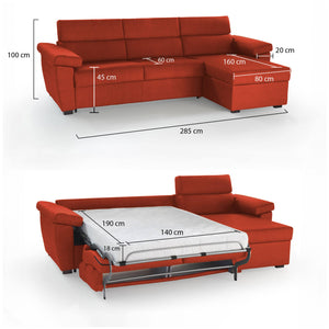 Divano letto con penisola Tolle, Sofà angolare trasformabile per salotto, imbottito, sfoderabile, 100% Made in Italy, 285x160 h100 cm, Arancione