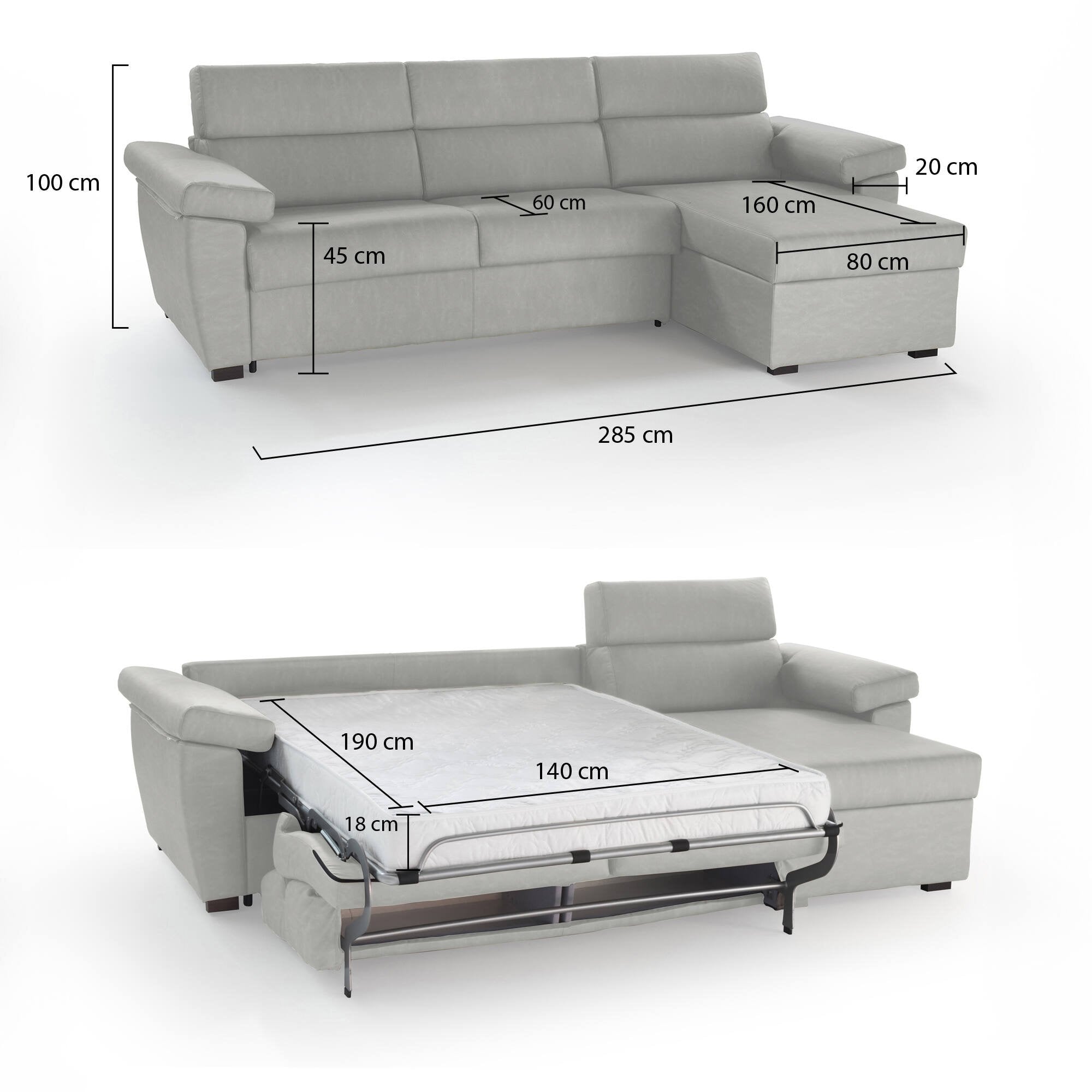 Divano letto con penisola Tolle, Sofà angolare trasformabile per salotto, imbottito, sfoderabile, 100% Made in Italy, 285x160 h100 cm, Grigio chiaro