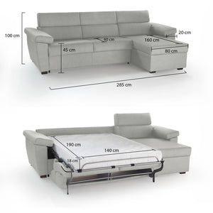 Divano letto con penisola Tolle, Sofà angolare trasformabile per salotto, imbottito, sfoderabile, 100% Made in Italy, 285x160 h100 cm, Grigio chiaro