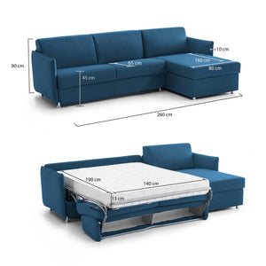 Divano letto con penisola Scordia, Sofà angolare trasformabile per salotto, imbottito, sfoderabile, Qualità 100% Made in Italy, 260x160 h90 cm, Blu