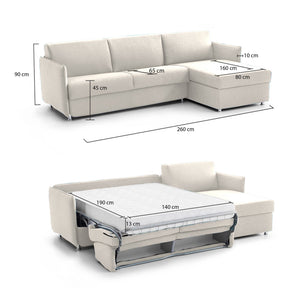 Divano letto con penisola Scordia, Sofà angolare trasformabile per salotto, imbottito, sfoderabile, Qualità 100% Made in Italy, 260x160 h90 cm, Beige