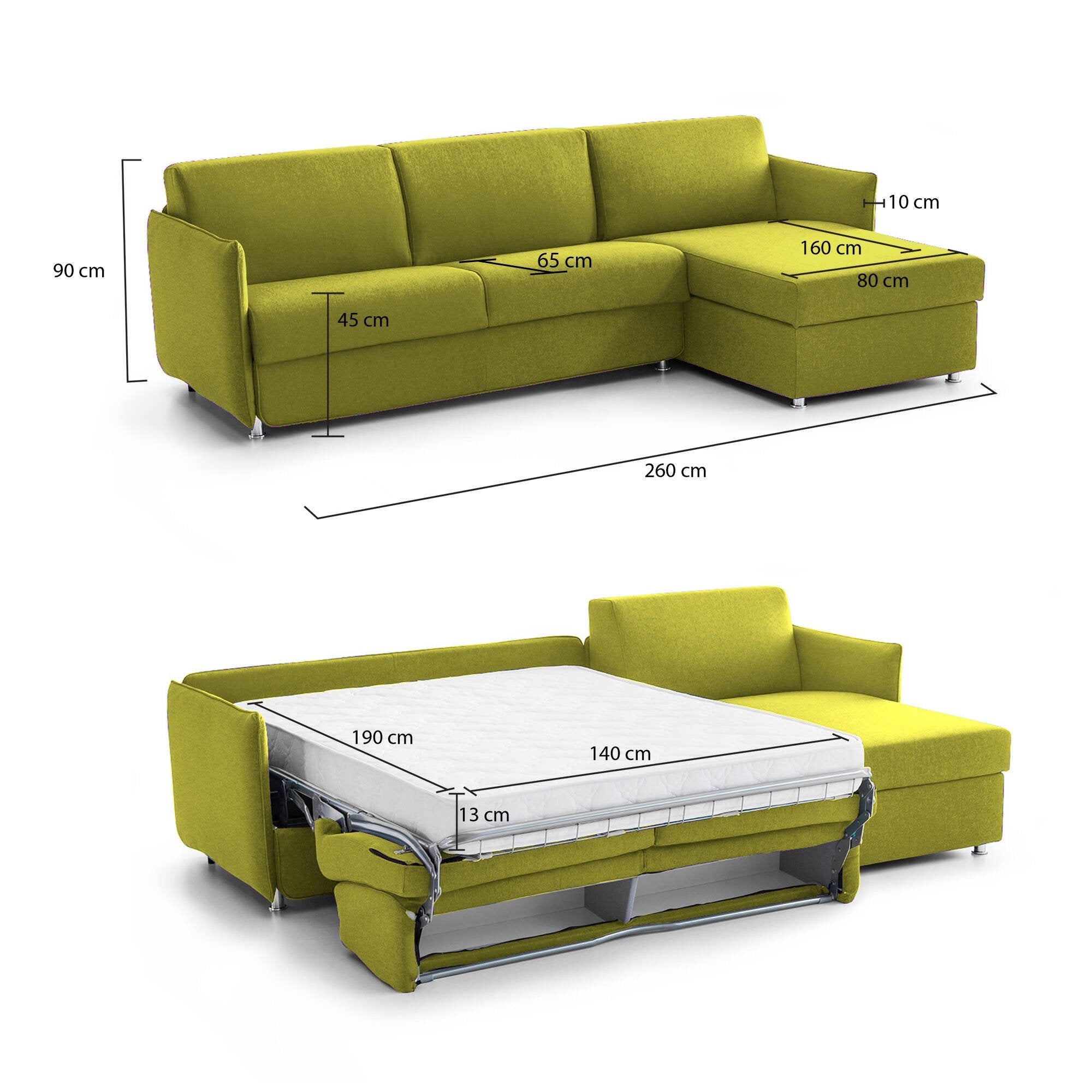 Divano letto con penisola Scordia, Sofà angolare trasformabile per salotto, imbottito, sfoderabile, Qualità 100% Made in Italy, 260x160 h90 cm, Verde