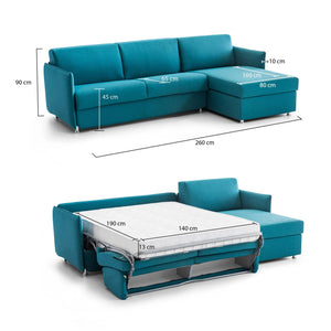 Divano letto con penisola Scordia, Sofà angolare trasformabile per salotto, imbottito, sfoderabile, Qualità 100% Made in Italy, 260x160 h90 cm, Azzurro