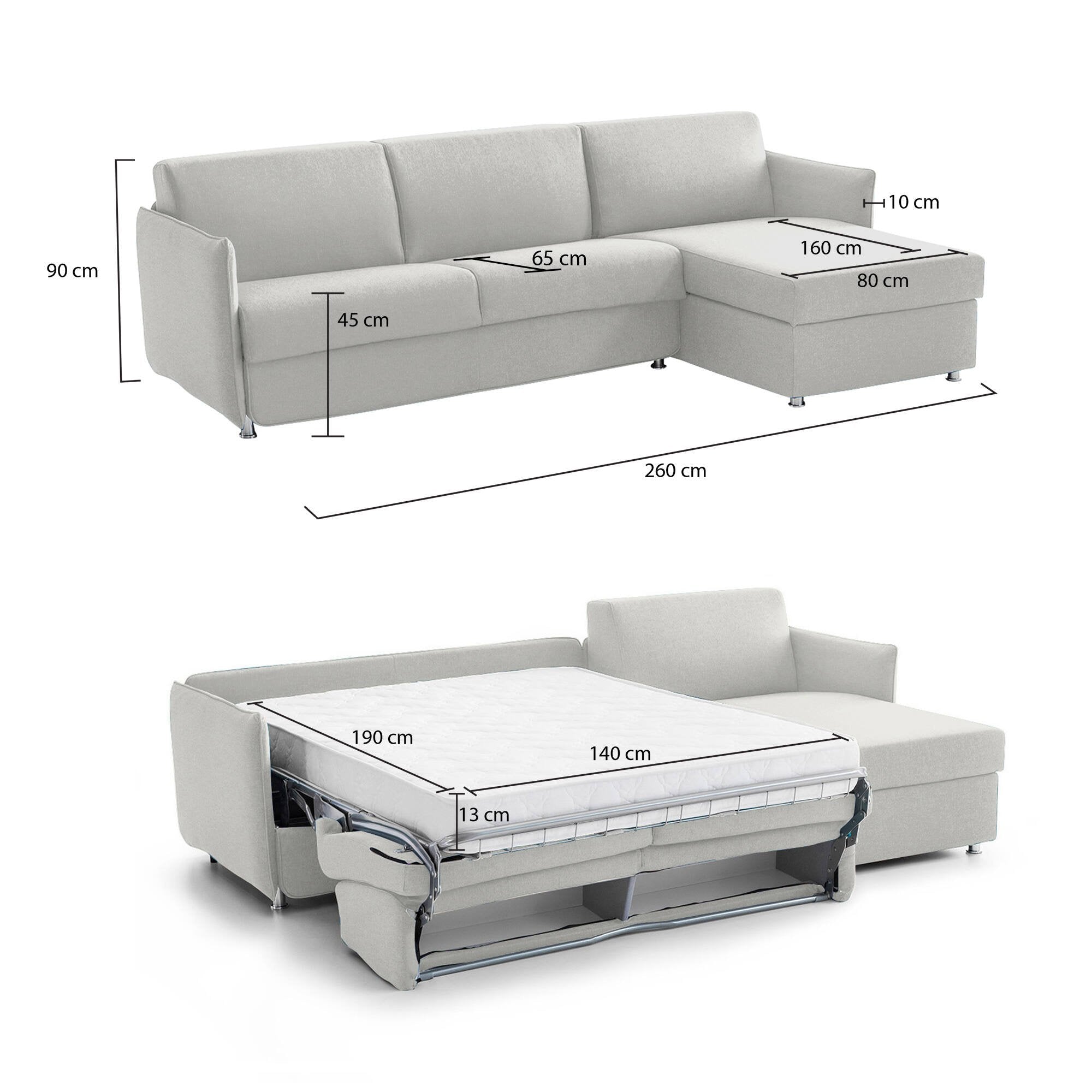 Divano letto con penisola Scordia, Sofà angolare trasformabile per salotto, imbottito, sfoderabile, 100% Made in Italy, 260x160 h90 cm, Grigio chiaro