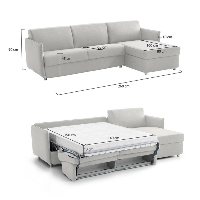 Divano letto con penisola Scordia, Sofà angolare trasformabile per salotto, imbottito, sfoderabile, 100% Made in Italy, 260x160 h90 cm, Grigio chiaro