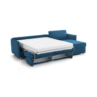Divano letto con penisola Sumirago, Sofà angolare trasformabile per salotto, imbottito, sfoderabile, Qualità 100% Made in Italy, 260x160 h90 cm, Blu