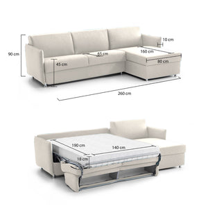 Divano letto con penisola Sumirago, Sofà angolare trasformabile per salotto, imbottito, sfoderabile, Qualità 100% Made in Italy, 260x160 h90 cm, Beige