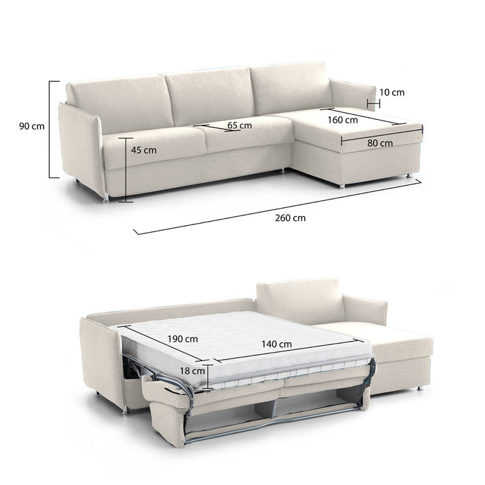 Divano letto con penisola Sumirago, Sofà angolare trasformabile per salotto, imbottito, sfoderabile, Qualità 100% Made in Italy, 260x160 h90 cm, Beige