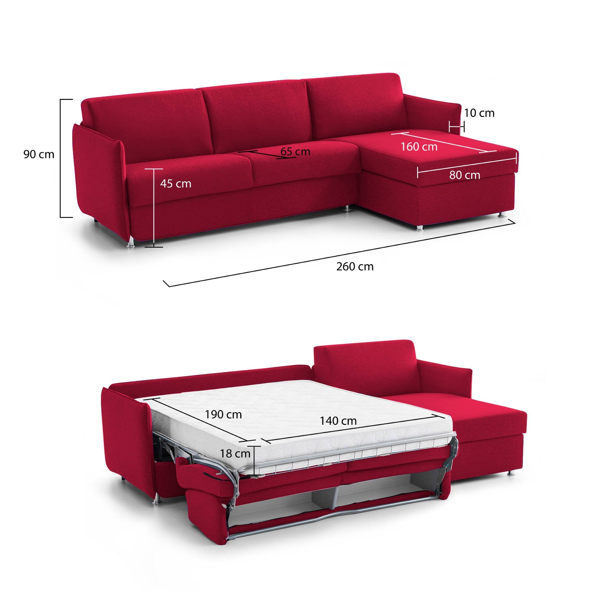 Divano letto con penisola Sumirago, Sofà angolare trasformabile per salotto, imbottito, sfoderabile, Qualità 100% Made in Italy, 260x160 h90 cm, Rosso