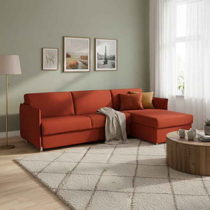 Divano letto con penisola Sumirago, Sofà angolare trasformabile per salotto, imbottito, sfoderabile, Qualità 100% Made in Italy, 260x160 h90 cm, Rosso