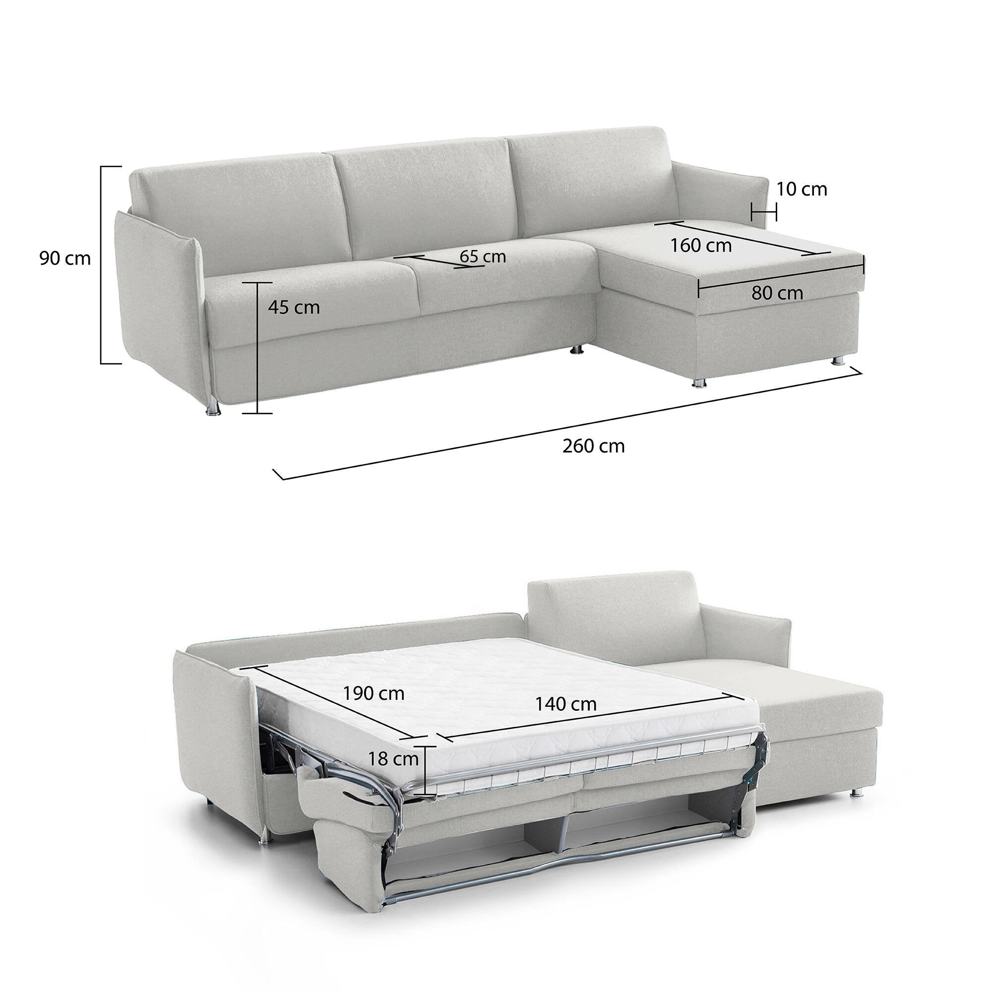 Divano letto con penisola Sumirago, Sofà angolare trasformabile per salotto, imbottito, sfoderabile, 100% Made in Italy, 260x160 h90 cm, Grigio chiaro