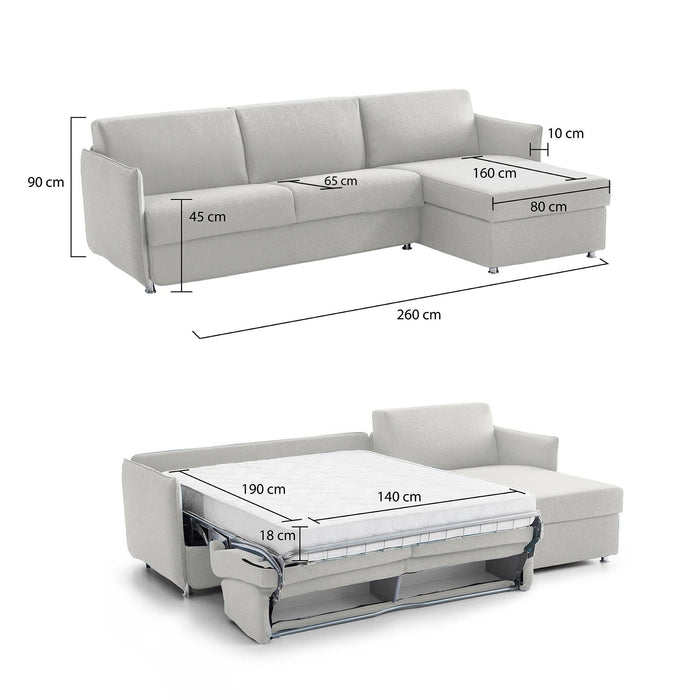 Divano letto con penisola Sumirago, Sofà angolare trasformabile per salotto, imbottito, sfoderabile, 100% Made in Italy, 260x160 h90 cm, Grigio chiaro