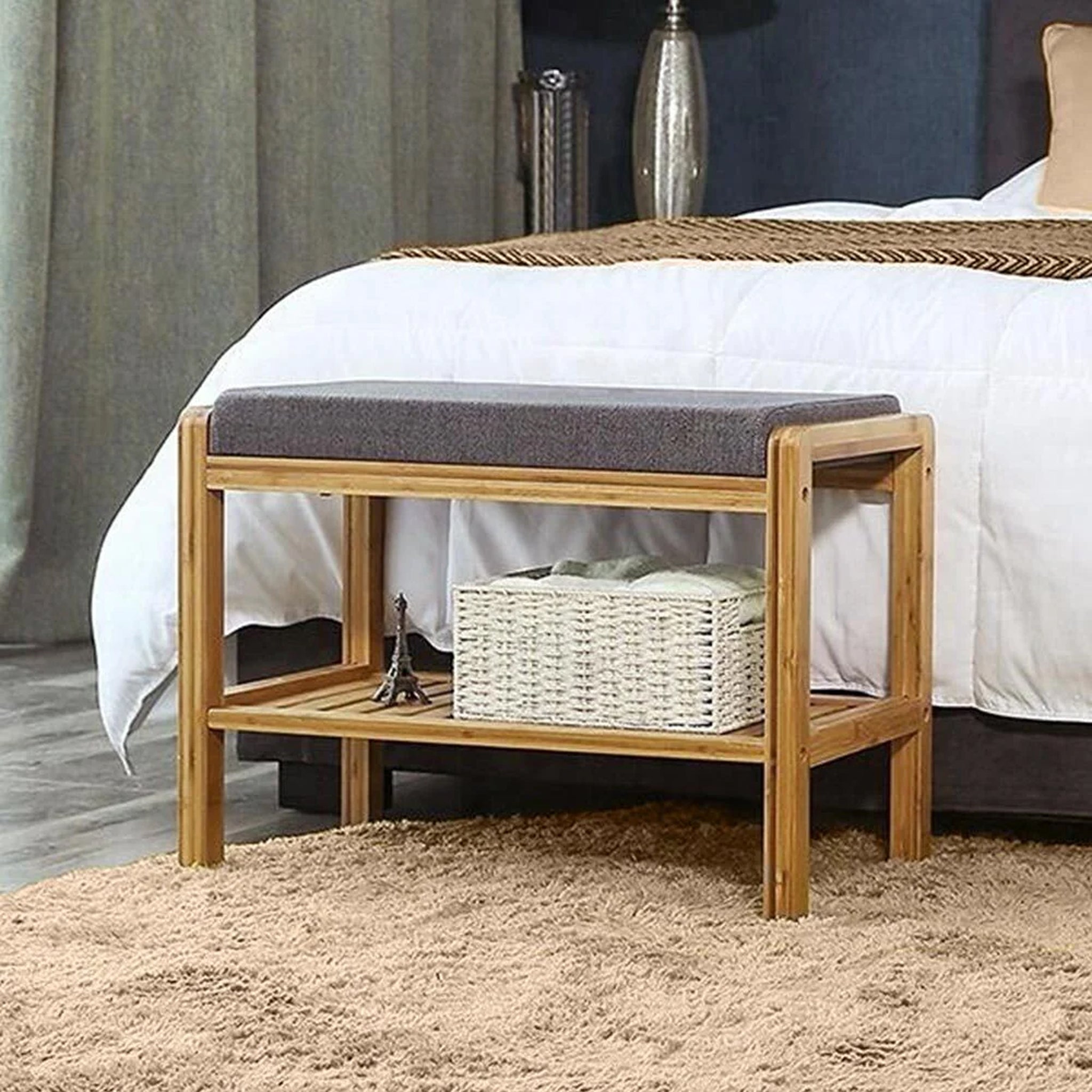 Panca Scarpiera Con Ripiano Porta Scarpe In Legno Di Bambù e Cuscino in Tessuto