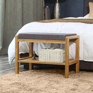 Panca Scarpiera Con Ripiano Porta Scarpe In Legno Di Bambù e Cuscino in Tessuto