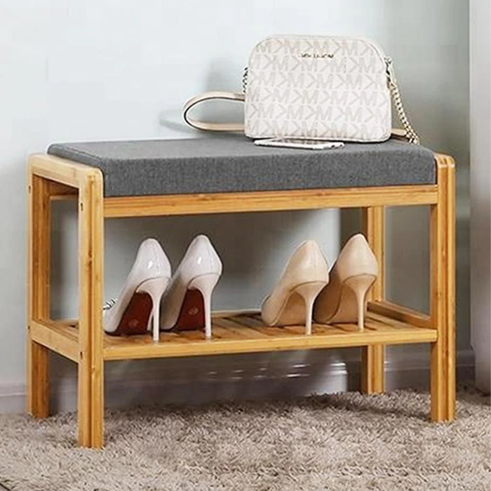 Panca Scarpiera Con Ripiano Porta Scarpe In Legno Di Bambù e Cuscino in Tessuto