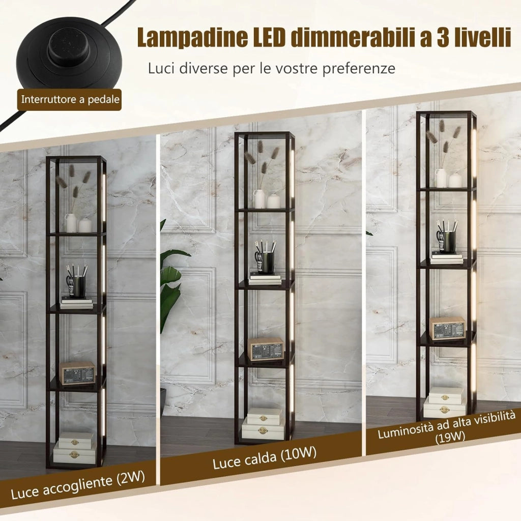 Lampada da Terra con Mensola, Lampadine LED Dimmerabili a 3 Livelli e Poli LED Ruotabili, Piantana Lampada da Terra per Soggiorno, Studio e Camera da Letto (Marrone)