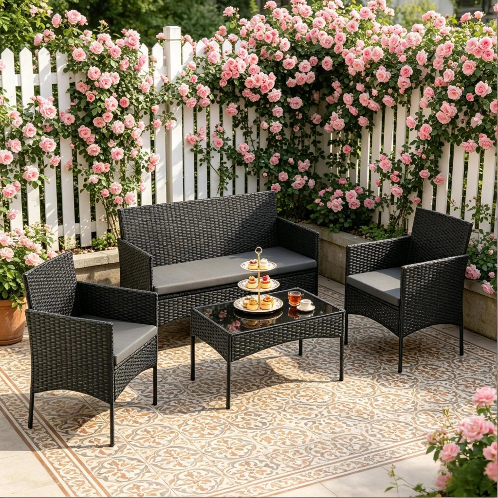 Set da giardino ULEVR 4 pezzi per 4 persone con divano 2 posti, 2 poltrone e tavolino con vetro temperato, nero