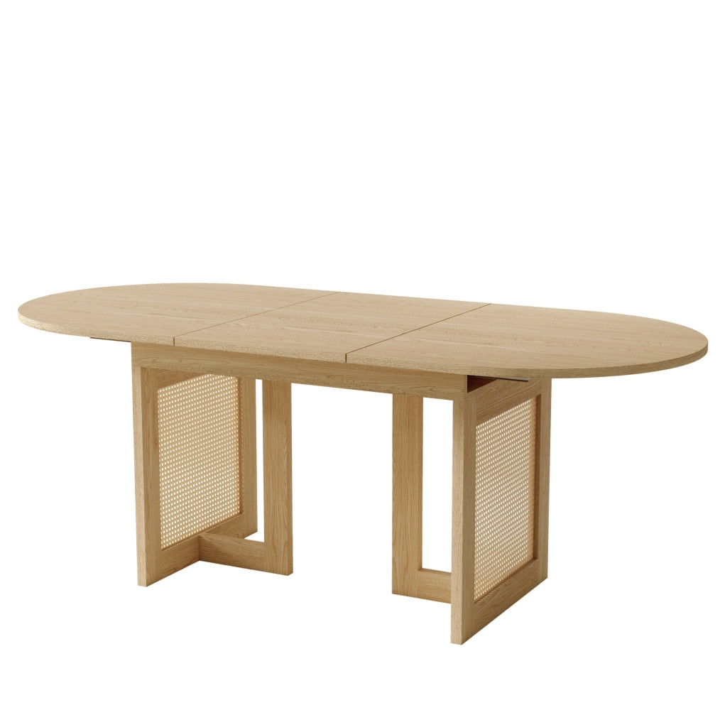 Tavolo da pranzo allungabile 120/160x80 cm; rovere; in MDF con gambe effetto rattan