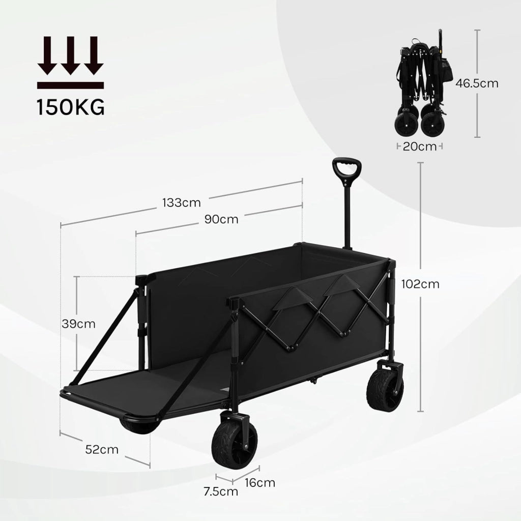 Carrello Pieghevole Portatutto, Carrellino da Giardino con Portellone Posteriore e Ruote per Tutti i Terreni con Freno, Capacità di Carico Fino a 150 kg, Nero